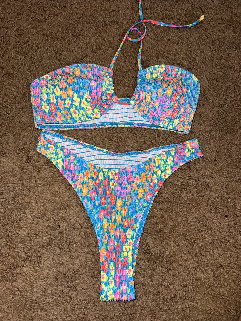 SHEIN Multicolor Smocked Bikini Set - Blue Base with Neon Floral